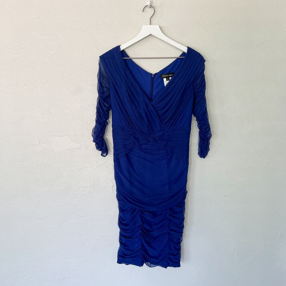 Tadashi Shoji 73536M Navy Blue Ruched Mesh Sheer Sleeve Cocktail Dress Small